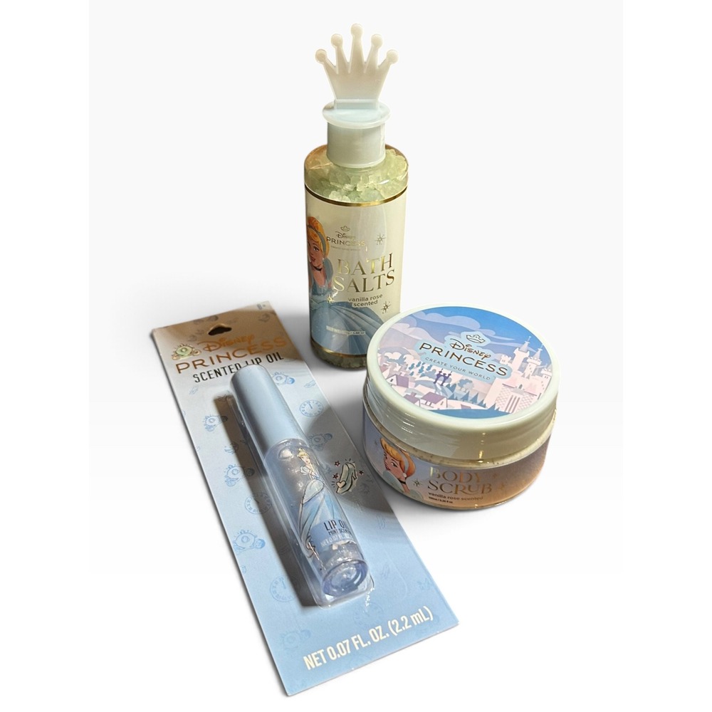 Disney Princess Cinderella Spa Set Vanilla Rose Body Scrub Bath Salts Lip Oil